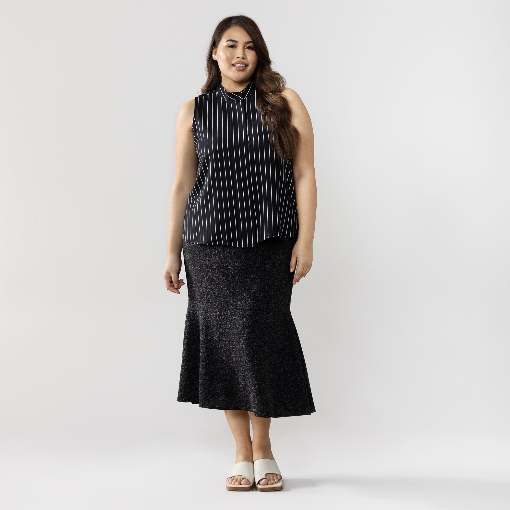 Stripe Stand Collared Sleeveless Top